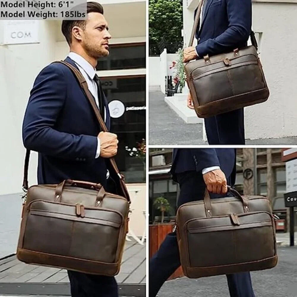 ⚡Men Deep Brown Fits 15.6 Inch Laptop Crossbody Bag Attached Leather Briefcase